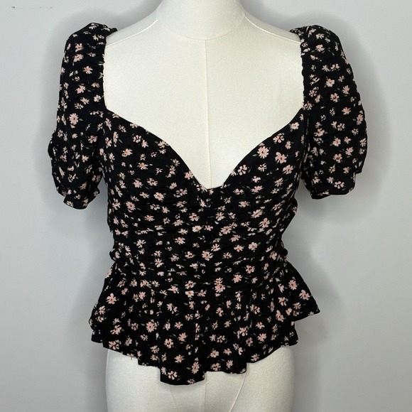 ASTR The Label Floral Black Pink Puff Sleeve Sweetheart Crop Top Womens Medium - Picture 1 of 12
